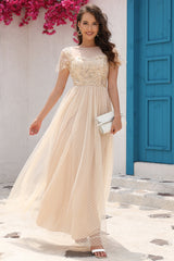 A-Linie Tüll Apricot Pailletten Ballkleid mit Applikationen