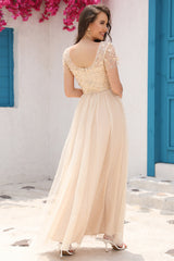 A-Linie Tüll Apricot Pailletten Ballkleid mit Applikationen