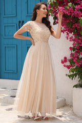 A-Linie Tüll Apricot Pailletten Ballkleid mit Applikationen