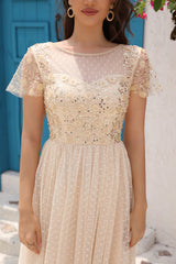 A-Linie Tüll Apricot Pailletten Ballkleid mit Applikationen