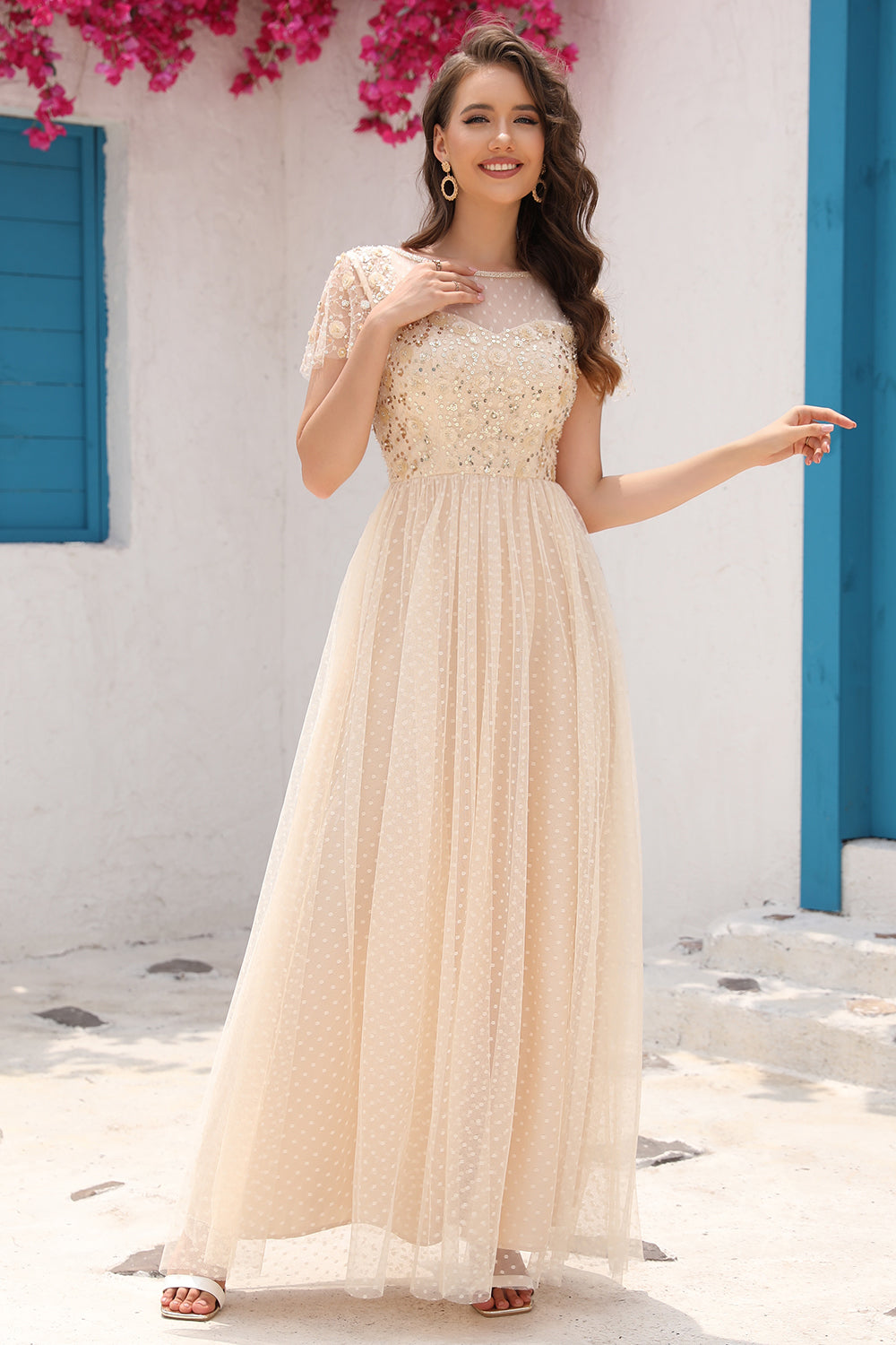 A-Linie Tüll Apricot Pailletten Ballkleid mit Applikationen