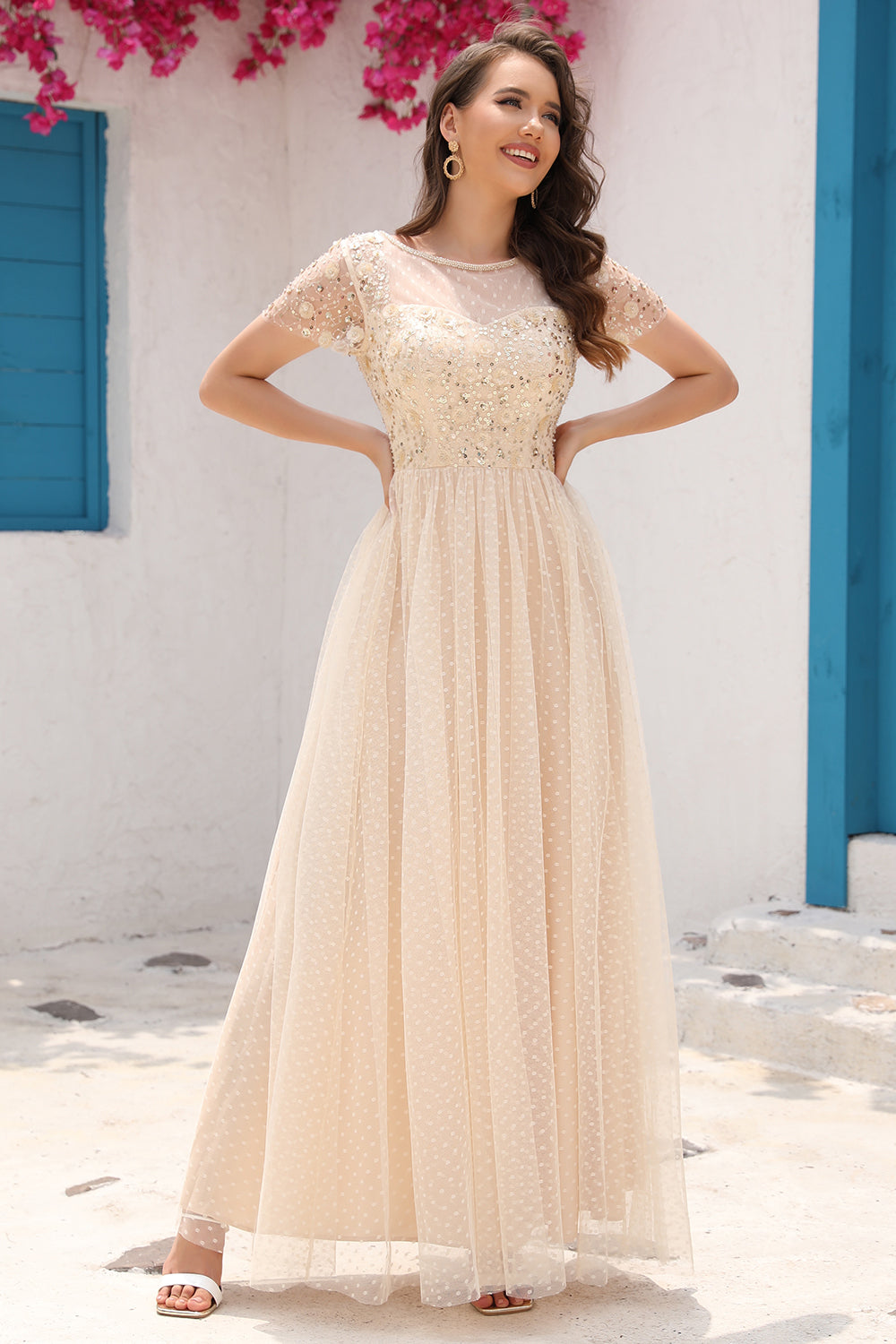 A-Linie Tüll Apricot Pailletten Ballkleid mit Applikationen