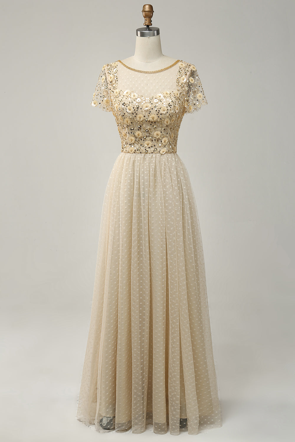 Apricot Tüll A Linie Pailletten Ballkleid mit Applikationen