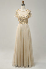 Apricot Tüll A Linie Pailletten Ballkleid mit Applikationen