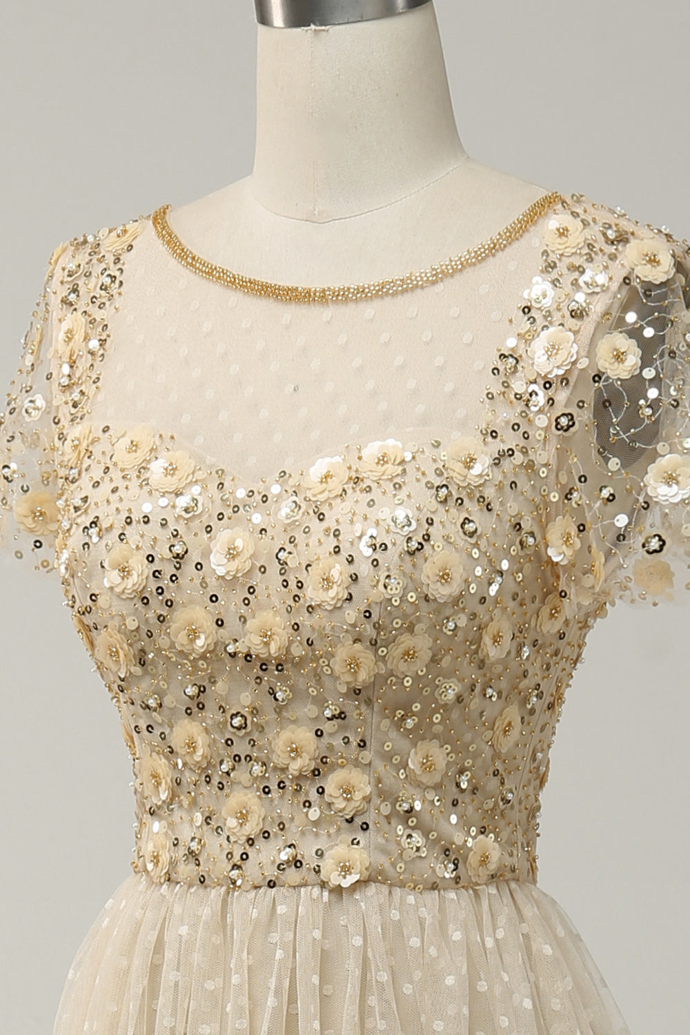 Apricot Tüll A Linie Pailletten Ballkleid mit Applikationen