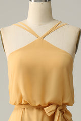A Linie Neckholder Gelbes langes Brautjungfernkleid mit Schleife