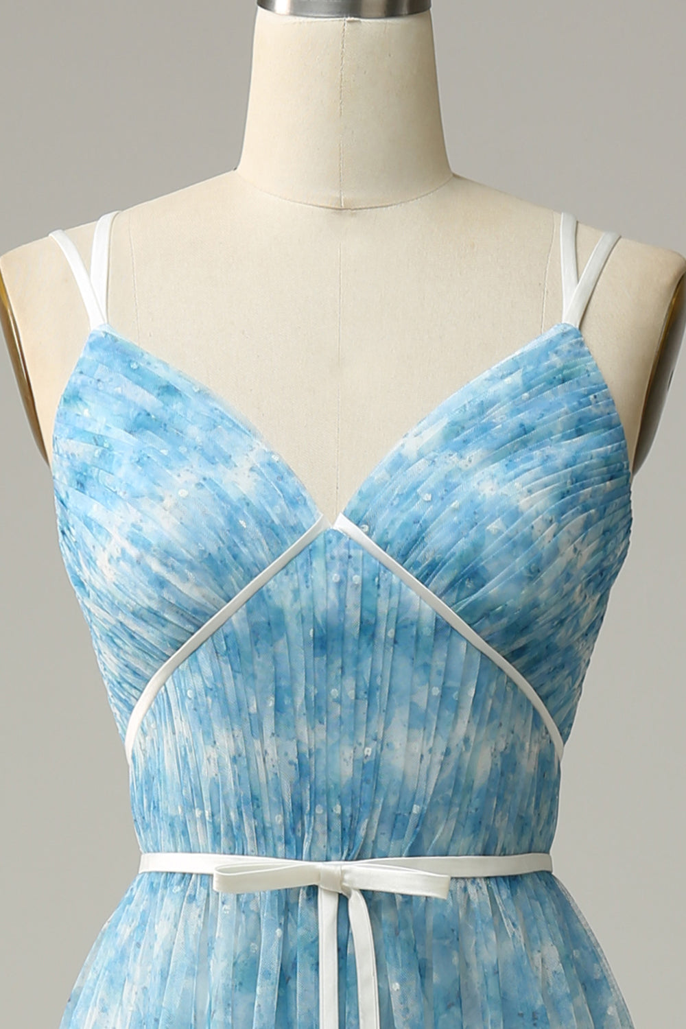 A-Linie Blaues bedrucktes langes Tüll Brautjungfernkleid