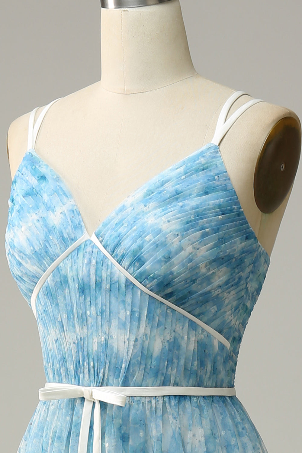 A-Linie Blaues bedrucktes langes Tüll Brautjungfernkleid