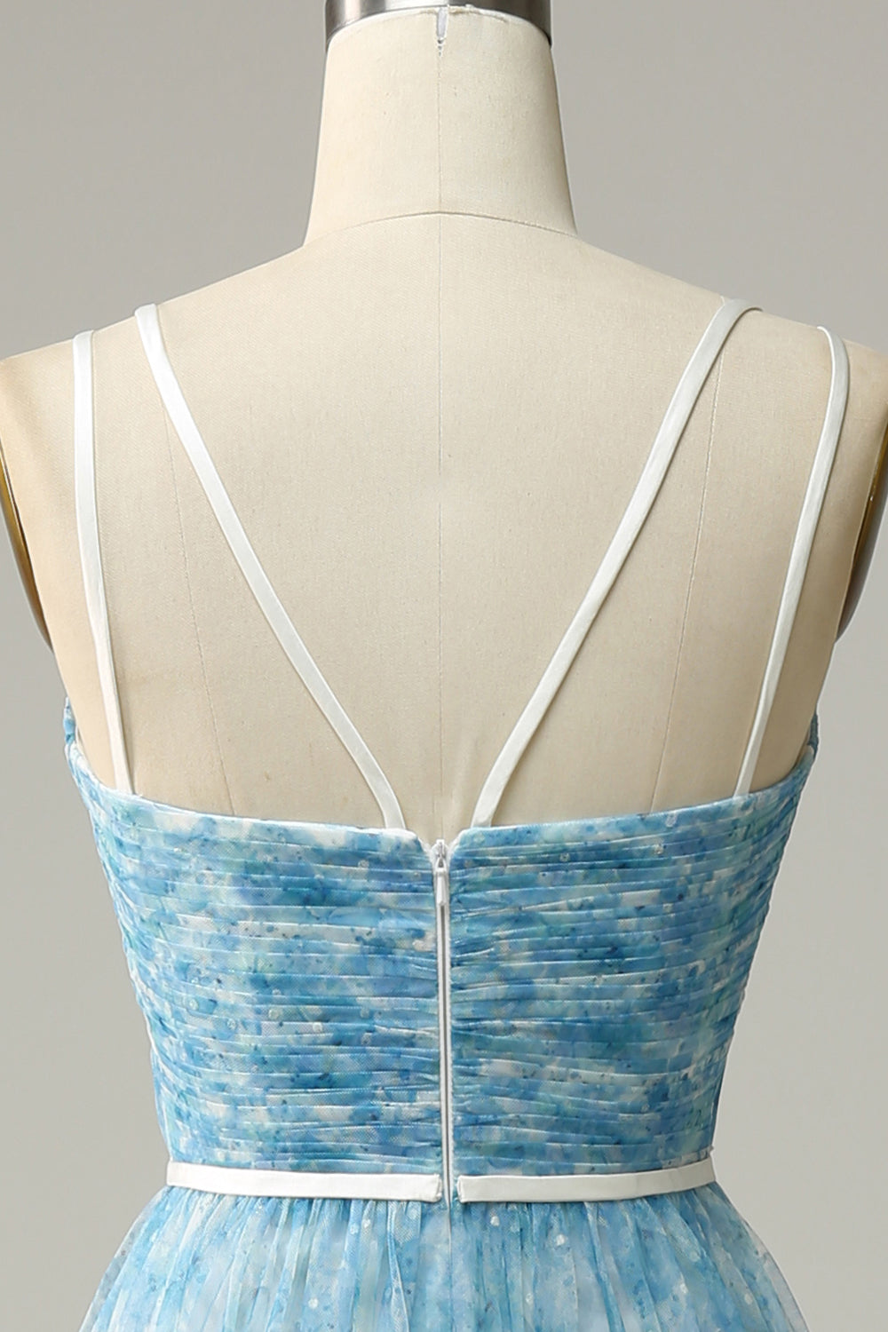 A-Linie Blaues bedrucktes langes Tüll Brautjungfernkleid