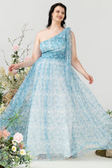 Blaues Eine Schulter Übergröße Brautjungfernkleid