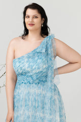 Blaues Eine Schulter Übergröße Brautjungfernkleid