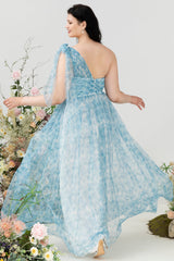 Blaues Eine Schulter Übergröße Brautjungfernkleid