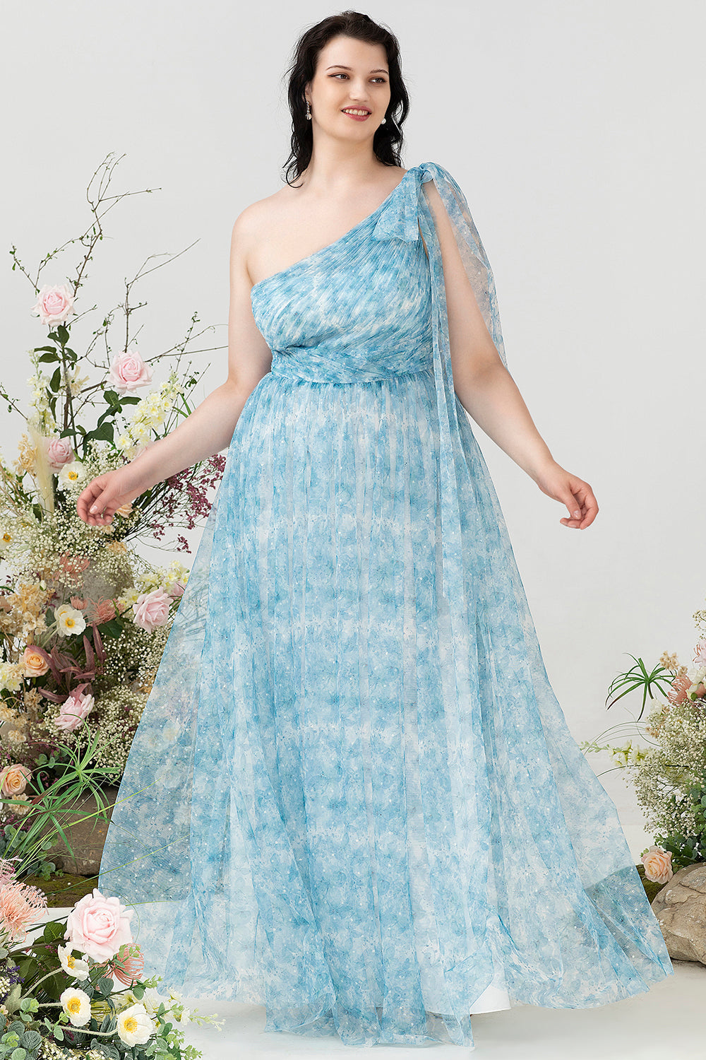 Blaues Eine Schulter Übergröße Brautjungfernkleid