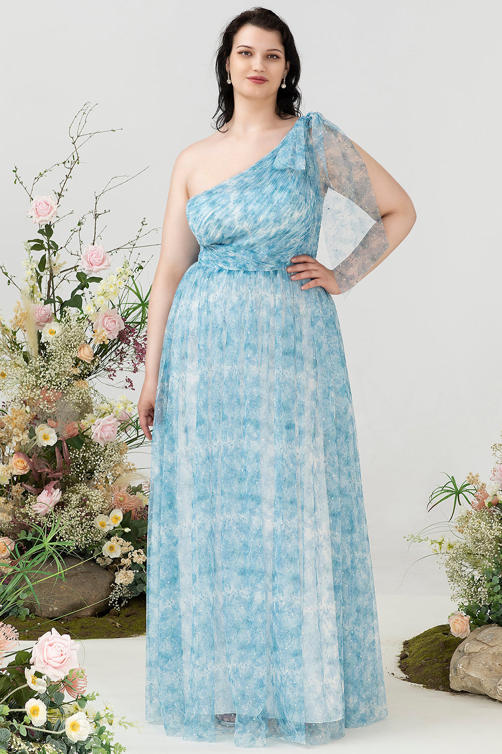 Blaues Eine Schulter Übergröße Brautjungfernkleid