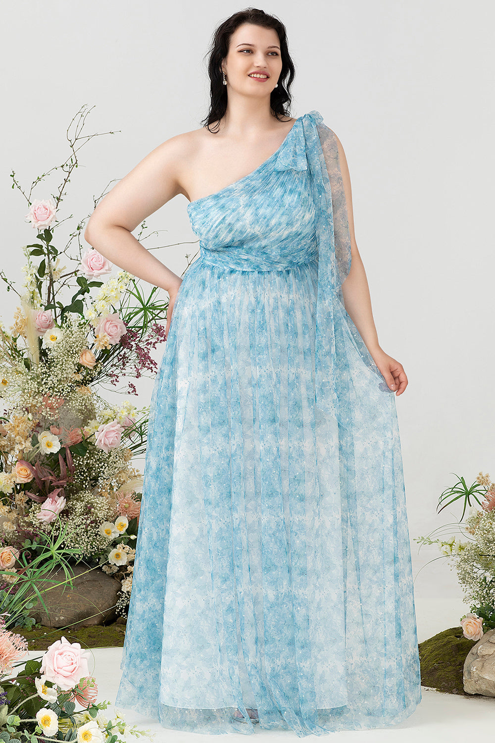Blaues Eine Schulter Übergröße Brautjungfernkleid