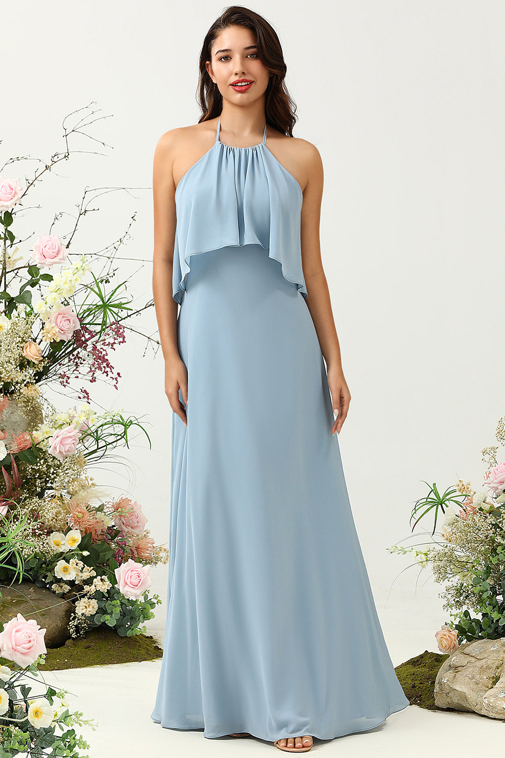 A-Linie blaues langes Brautjungfernkleid mit Neckholder