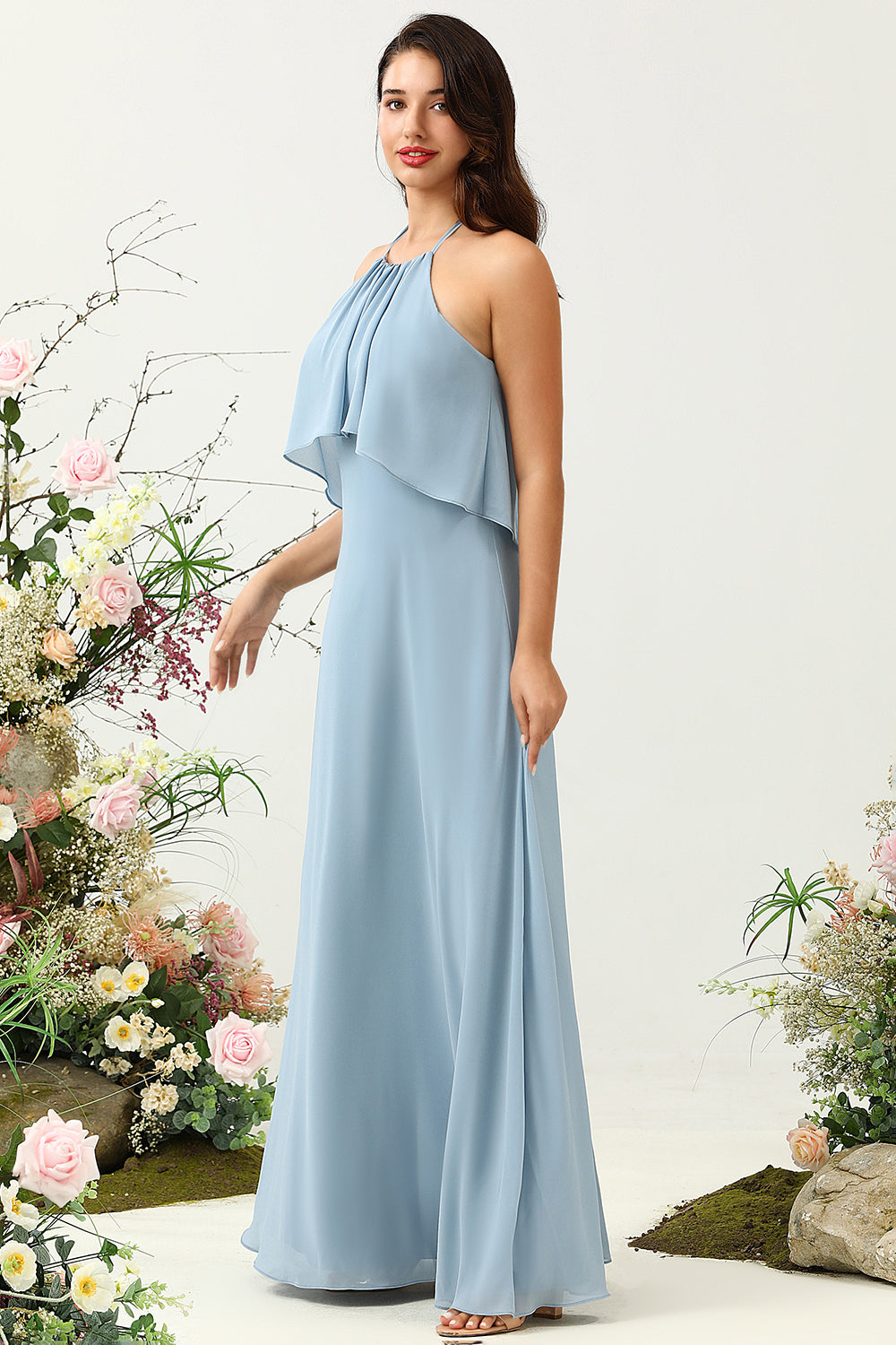 A-Linie blaues langes Brautjungfernkleid mit Neckholder