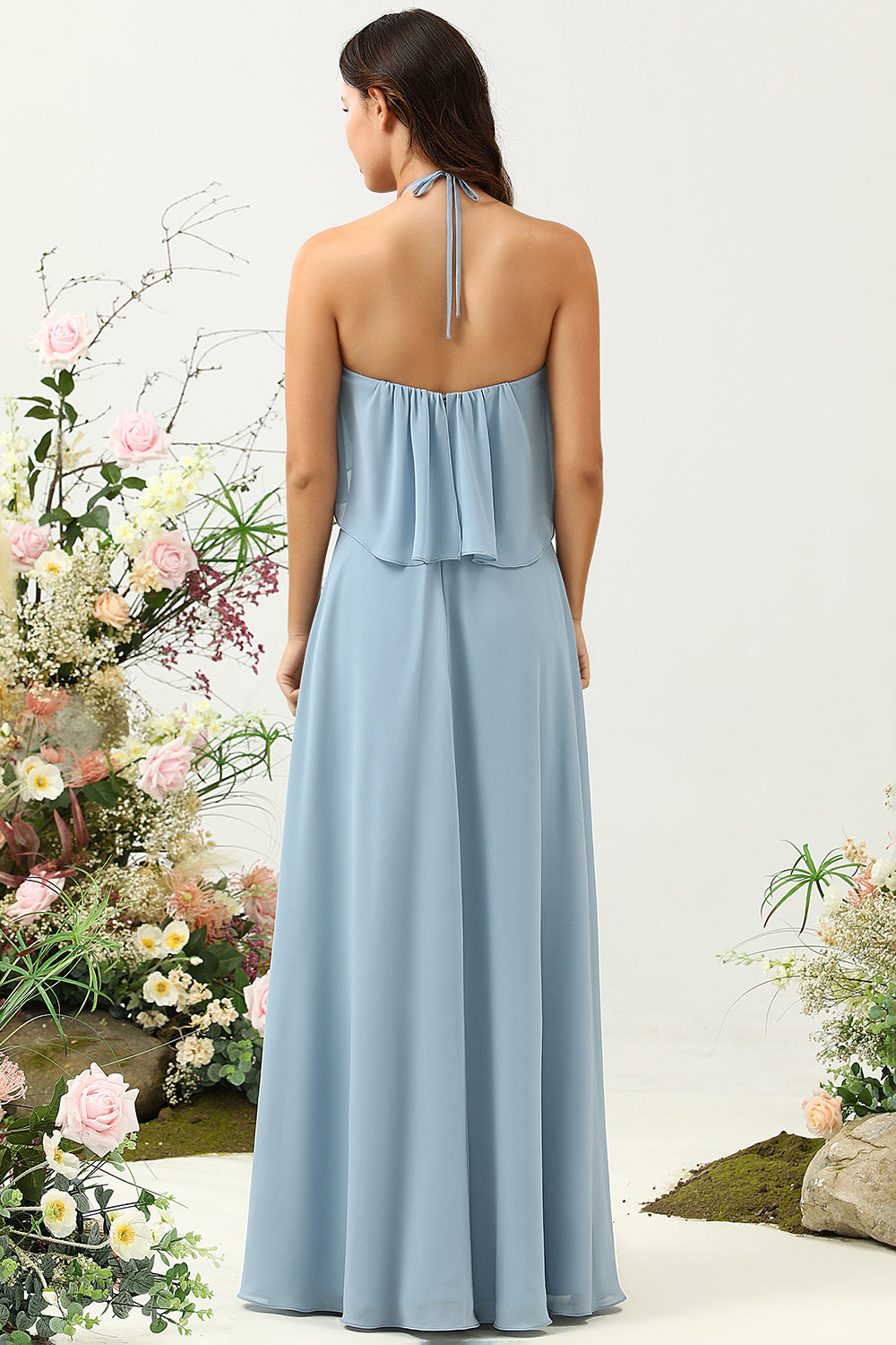 A-Linie blaues langes Brautjungfernkleid mit Neckholder