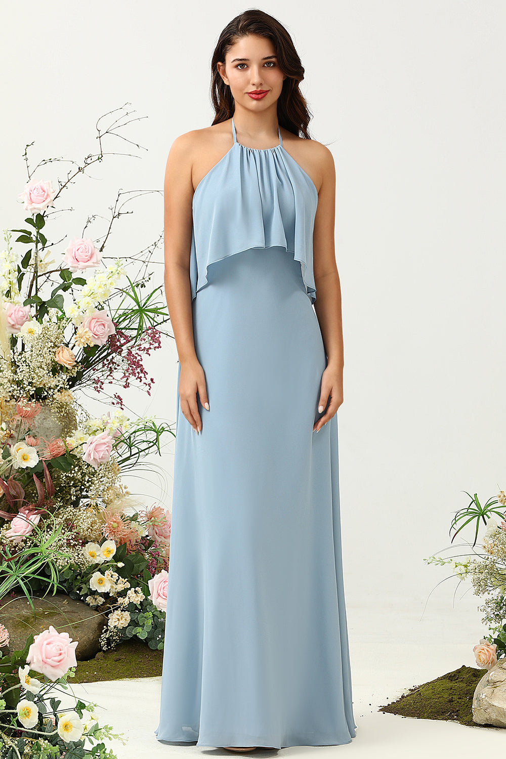 A-Linie blaues langes Brautjungfernkleid mit Neckholder
