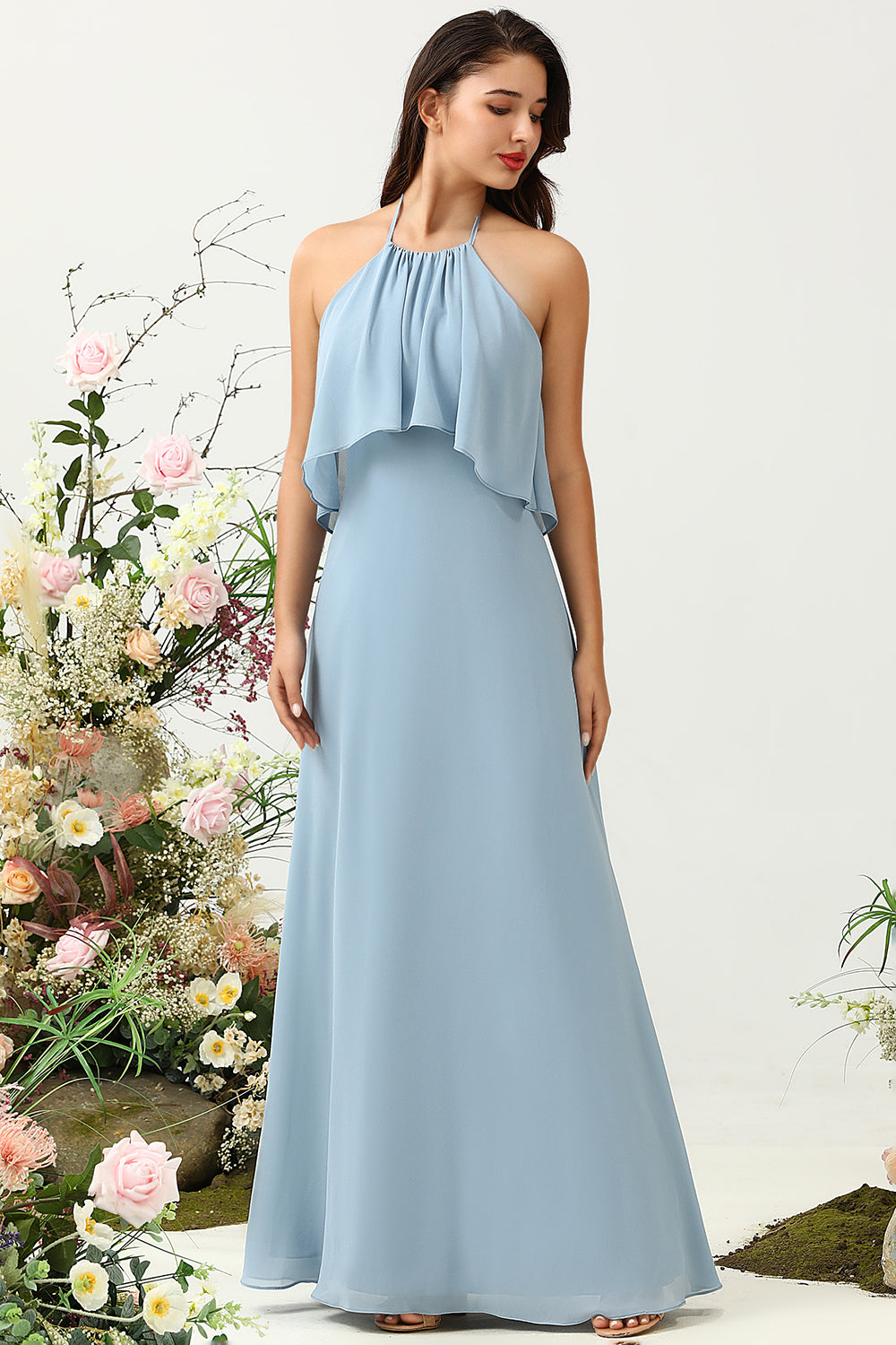 A-Linie blaues langes Brautjungfernkleid mit Neckholder