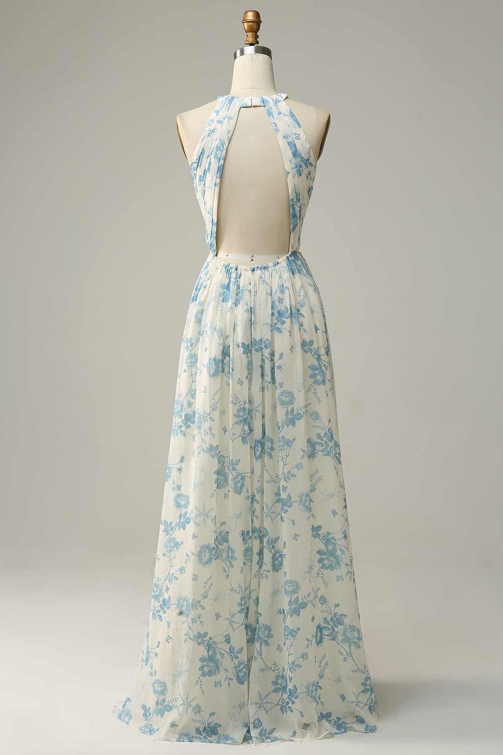 Blaues geblümtes Boho Chiffon Brautjungfernkleid