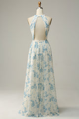 Blaues geblümtes Boho Chiffon Brautjungfernkleid