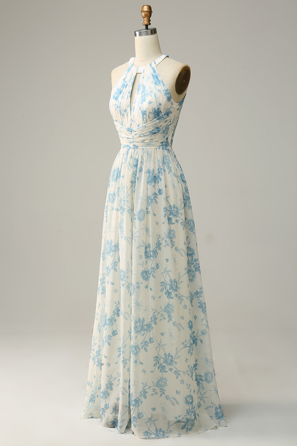 Blaues geblümtes Boho Chiffon Brautjungfernkleid