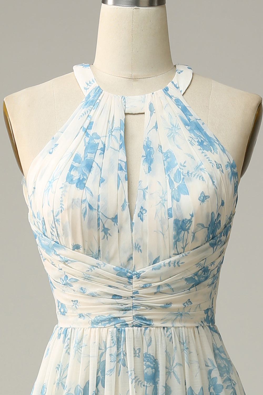 Blaues geblümtes Boho Chiffon Brautjungfernkleid