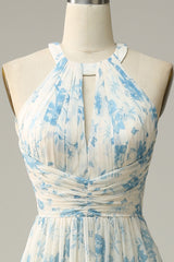 Blaues geblümtes Boho Chiffon Brautjungfernkleid