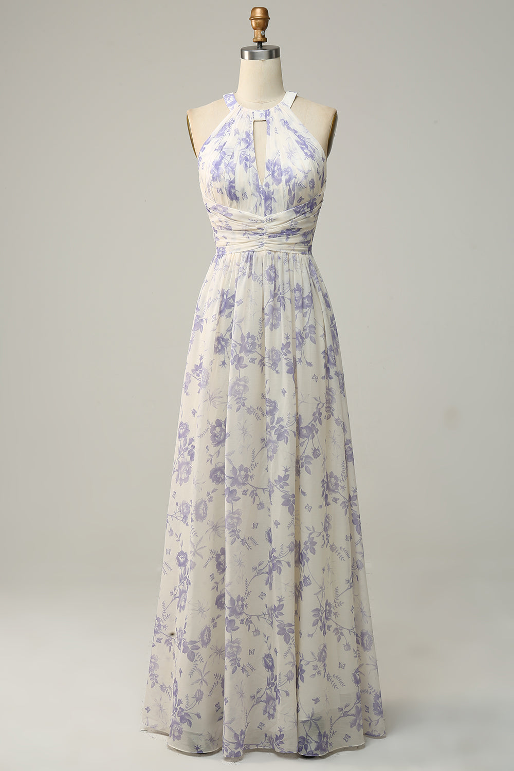 Blaues geblümtes Boho Chiffon Brautjungfernkleid