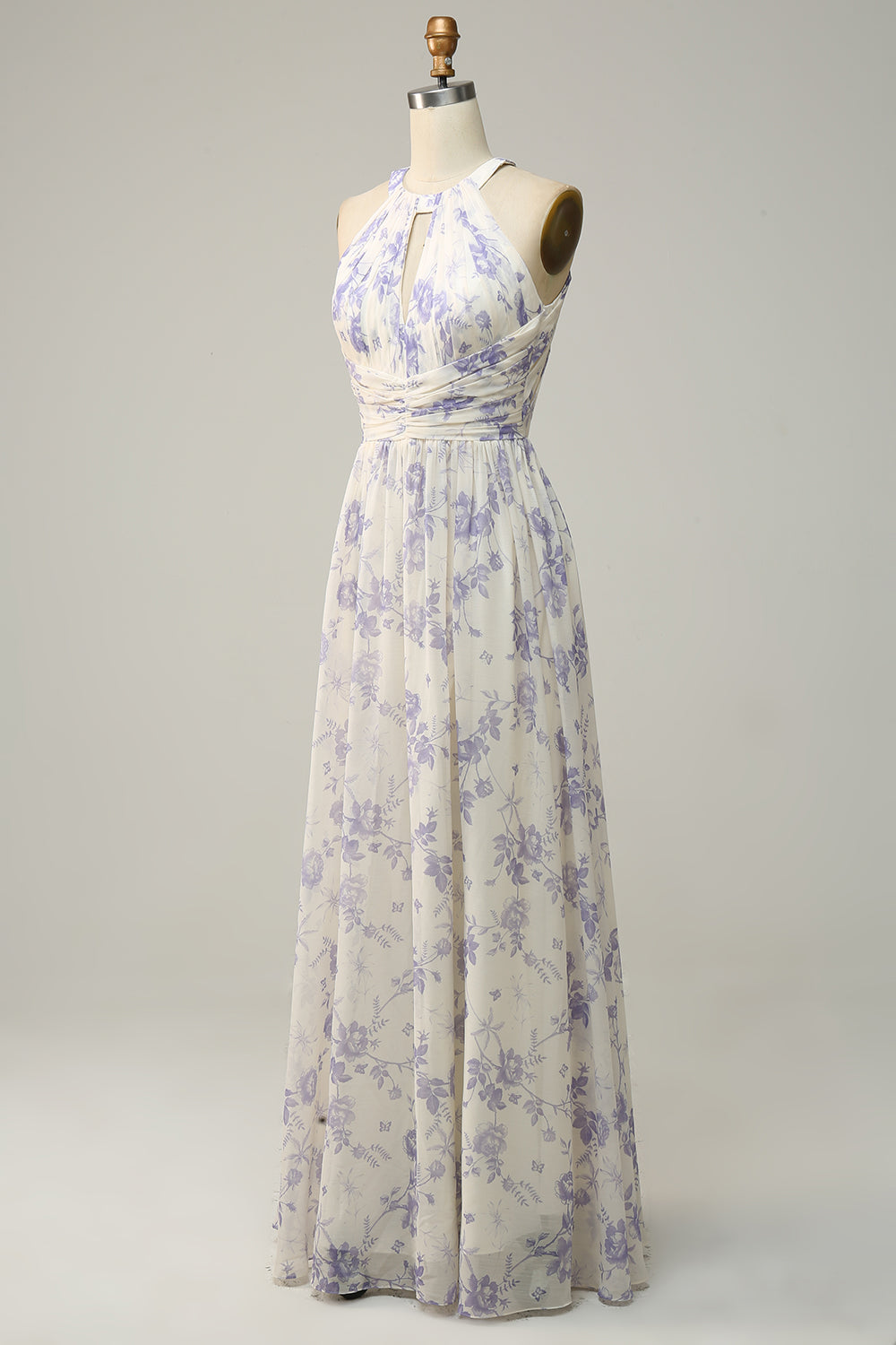 Blaues geblümtes Boho Chiffon Brautjungfernkleid