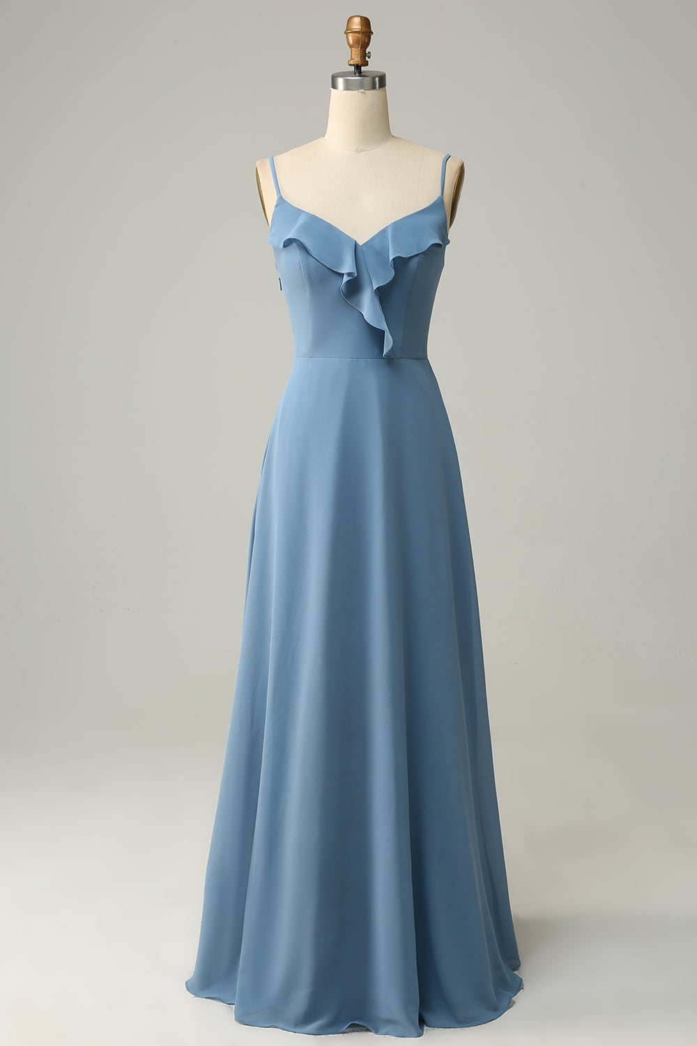 A Linie Spaghettiträger Grau Blau Langes Brautjungfernkleid mit Rüschen