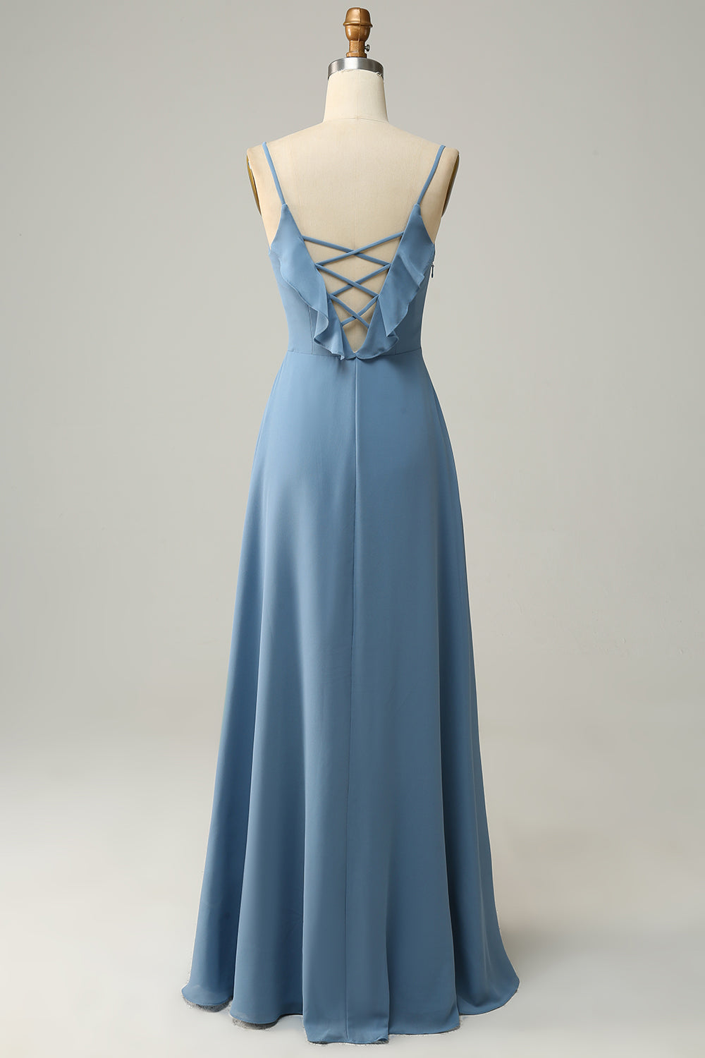 A Linie Spaghettiträger Grau Blau Langes Brautjungfernkleid mit Rüschen
