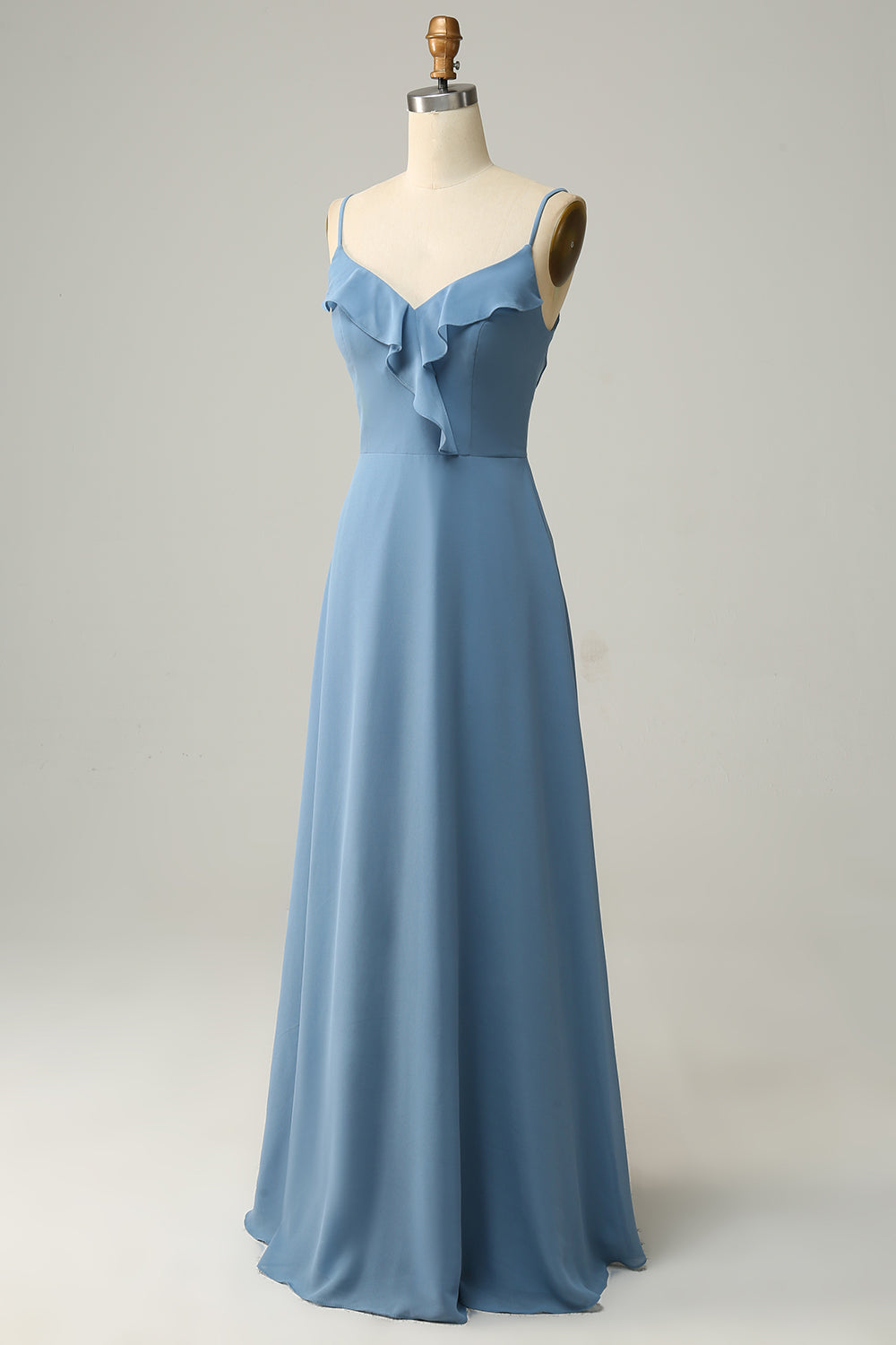A Linie Spaghettiträger Grau Blau Langes Brautjungfernkleid mit Rüschen
