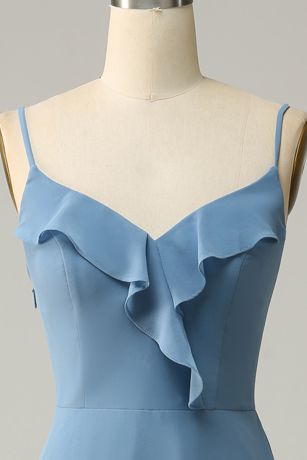 A Linie Spaghettiträger Grau Blau Langes Brautjungfernkleid mit Rüschen