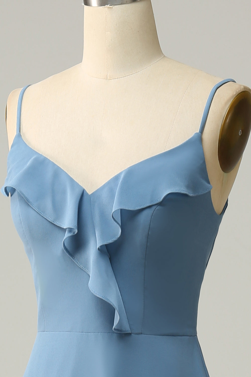 A Linie Spaghettiträger Grau Blau Langes Brautjungfernkleid mit Rüschen