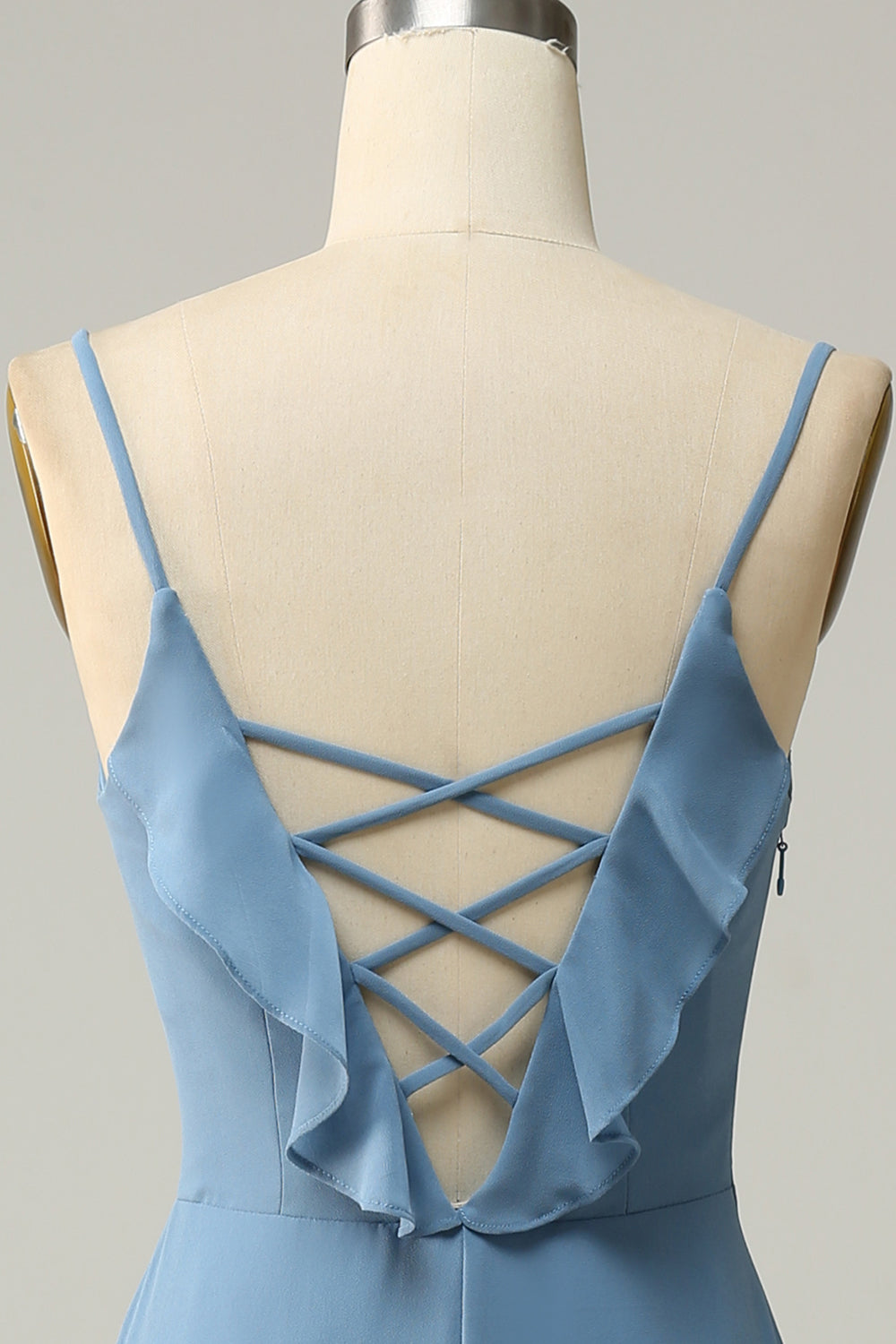 A Linie Spaghettiträger Grau Blau Langes Brautjungfernkleid mit Rüschen