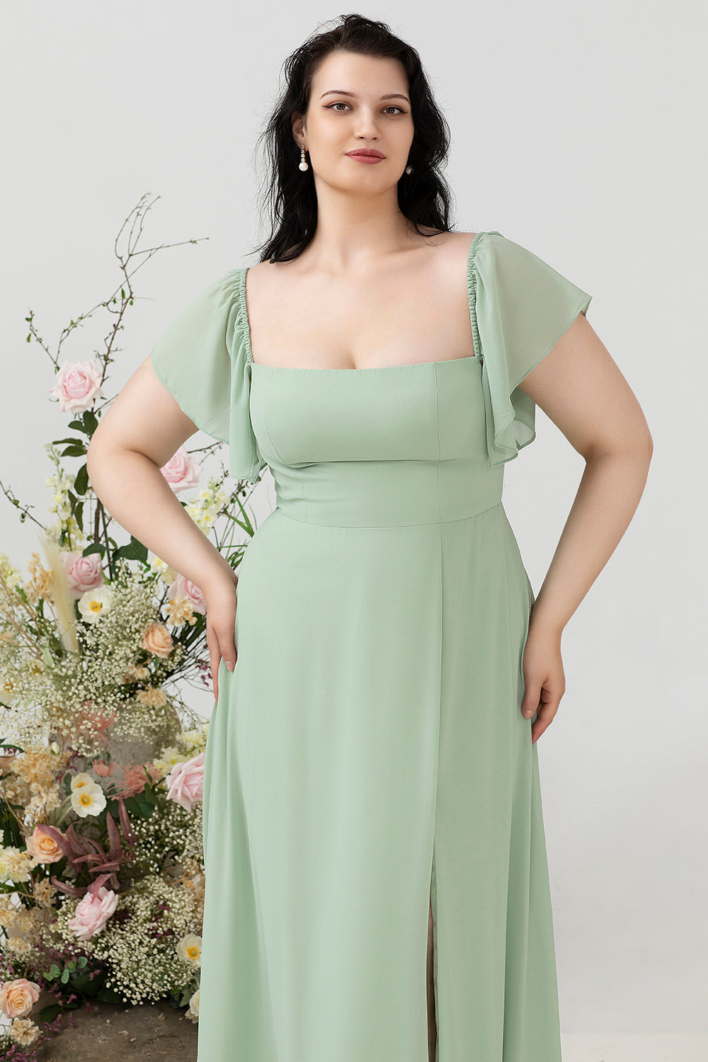 Schulterfreies Übergröße Brautjungfernkleid mit Schlitz