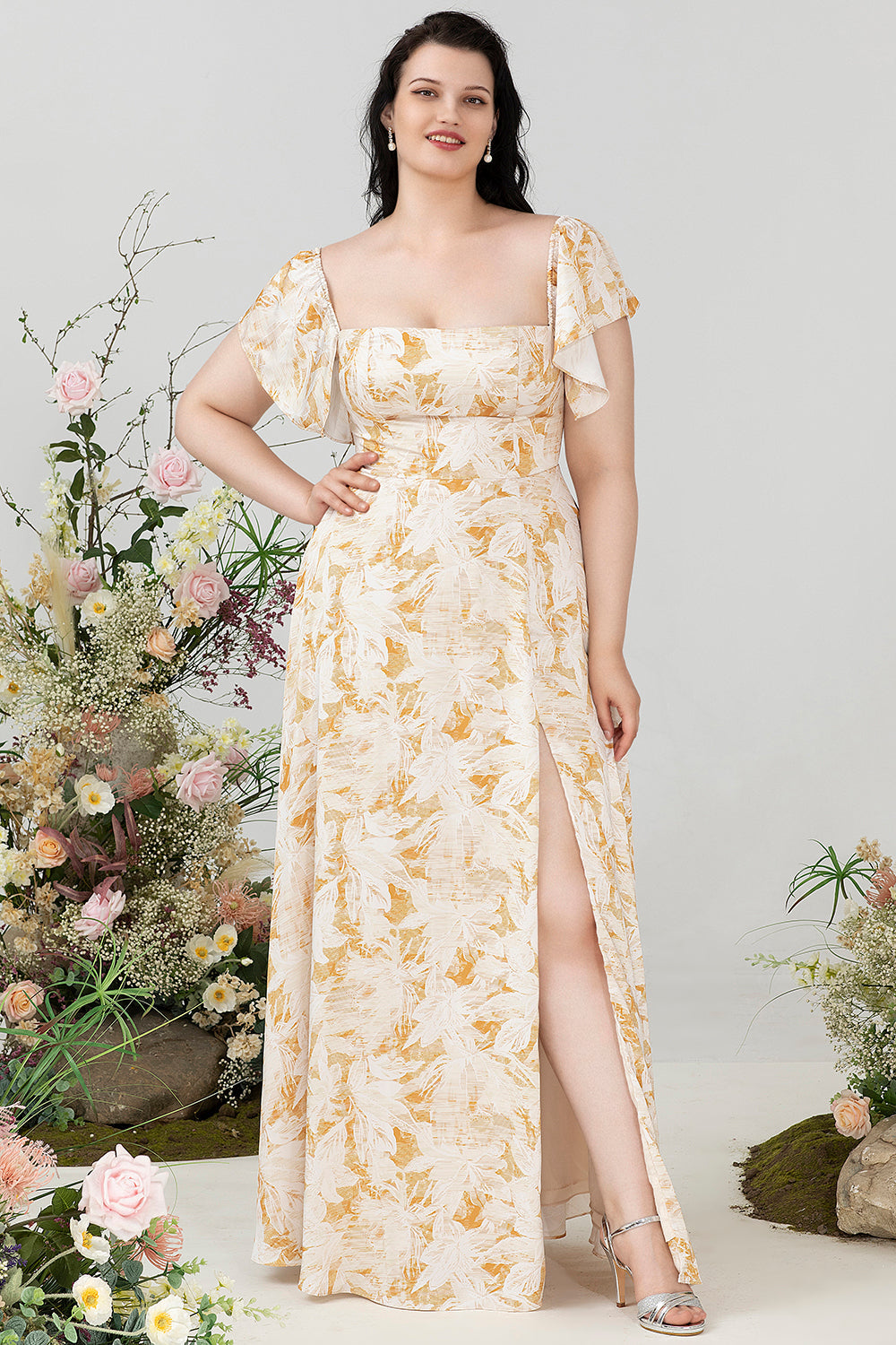 Schulterfreies Übergröße Brautjungfernkleid mit Schlitz