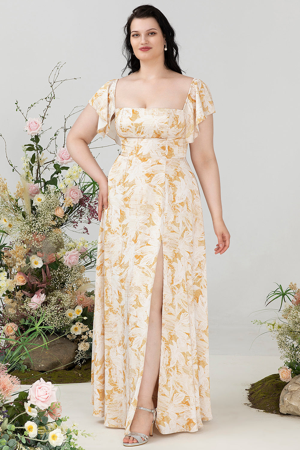 Schulterfreies Übergröße Brautjungfernkleid mit Schlitz