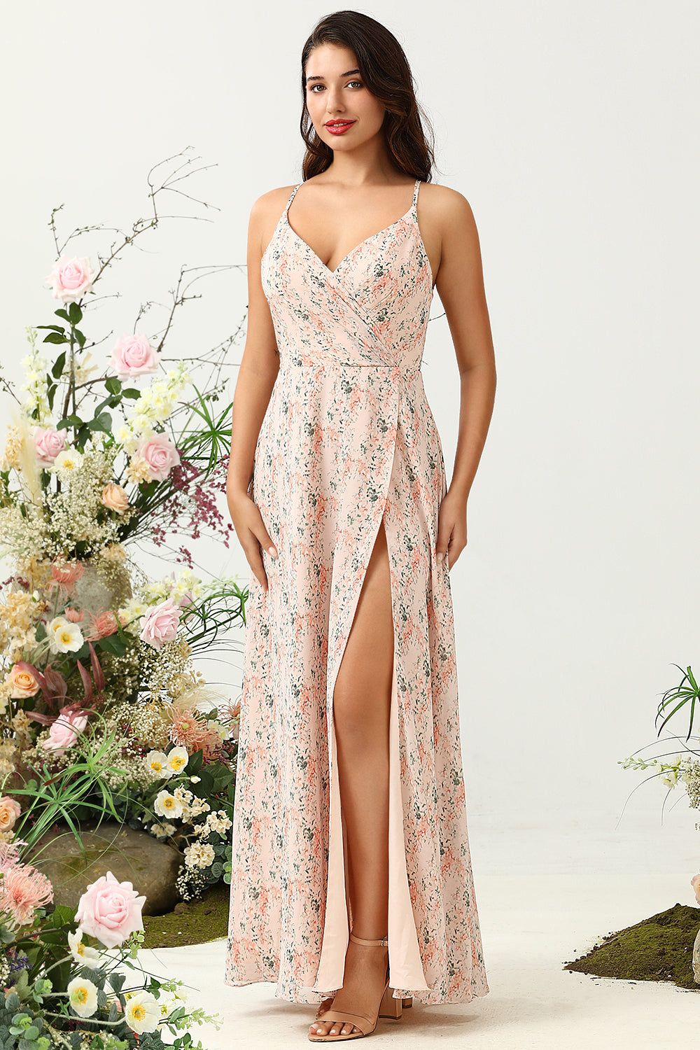 Blush Blumen Chiffon Langes Brautjungfernkleid mit Schlitz