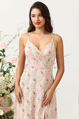 Blush Blumen Chiffon Langes Brautjungfernkleid mit Schlitz