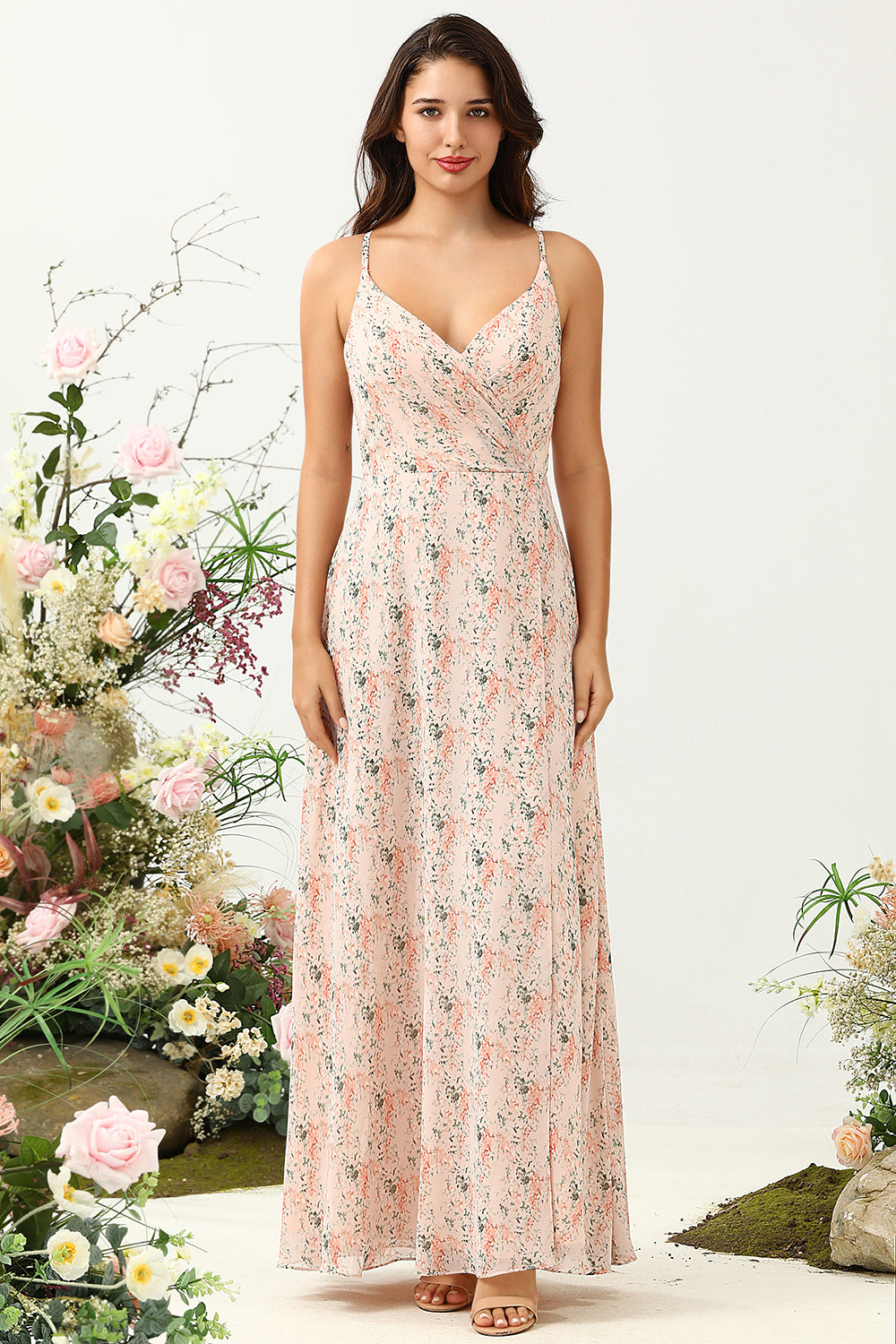 Blush Blumen Chiffon Langes Brautjungfernkleid mit Schlitz