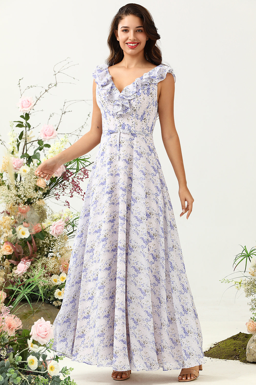 Blush Lila Blume Boho Chiffon Brautjungfernkleid