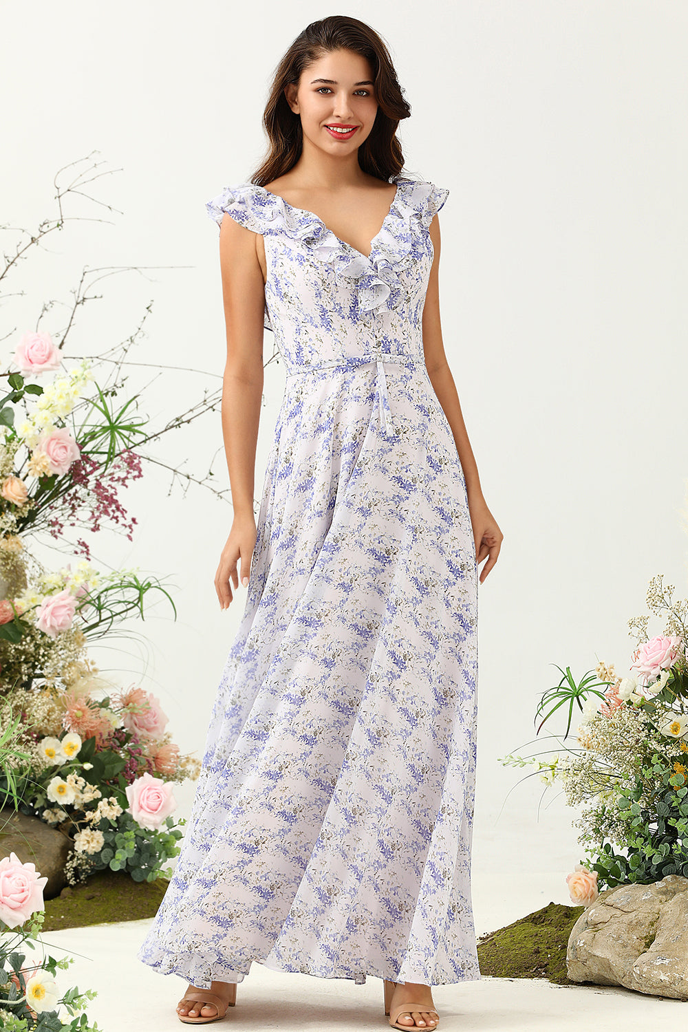 Blush Lila Blume Boho Chiffon Brautjungfernkleid