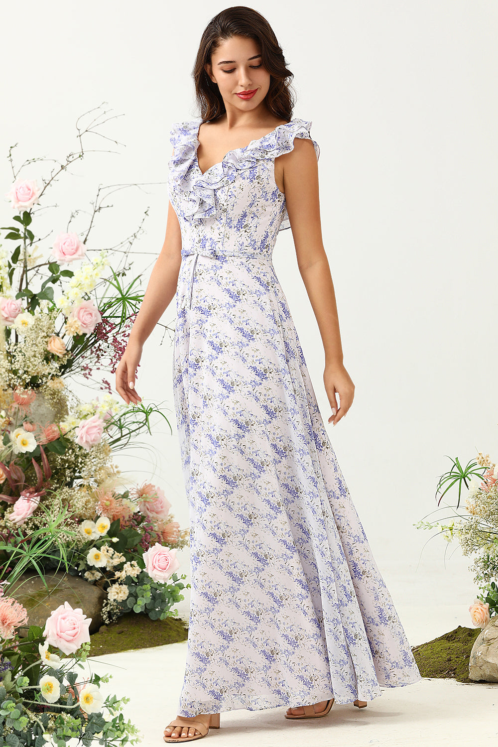 Blush Lila Blume Boho Chiffon Brautjungfernkleid