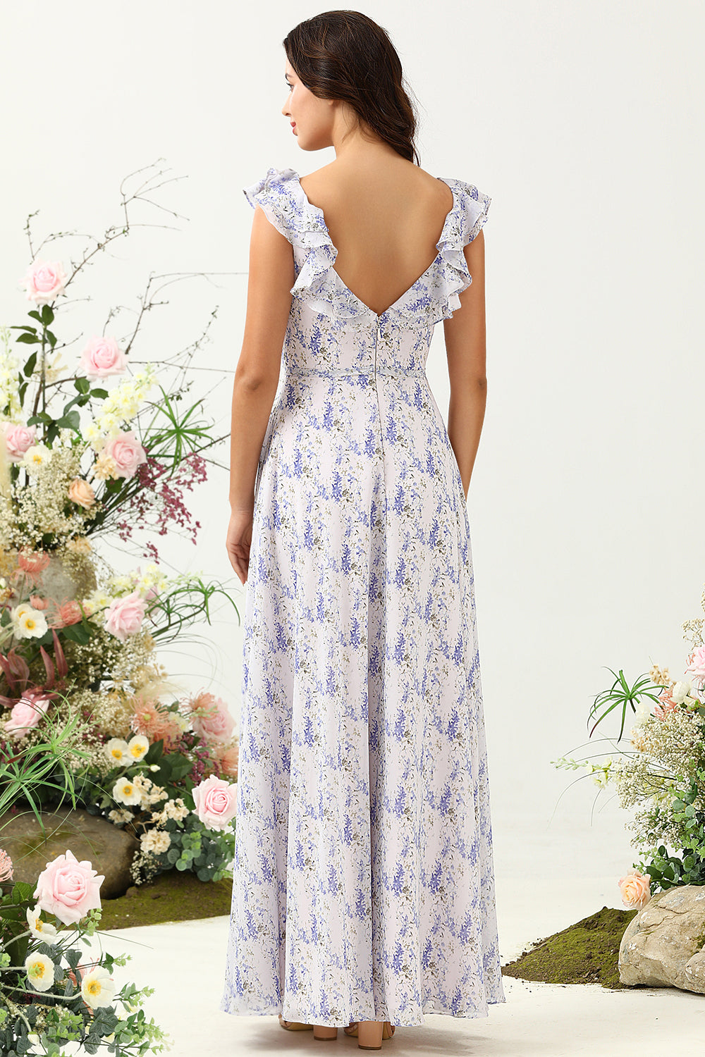 Blush Lila Blume Boho Chiffon Brautjungfernkleid