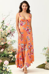 Orange asymmetrisches Boho Brautjungfernkleid mit Blumenmuster