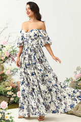 Weißes blaues Blume Boho Brautjungfernkleid