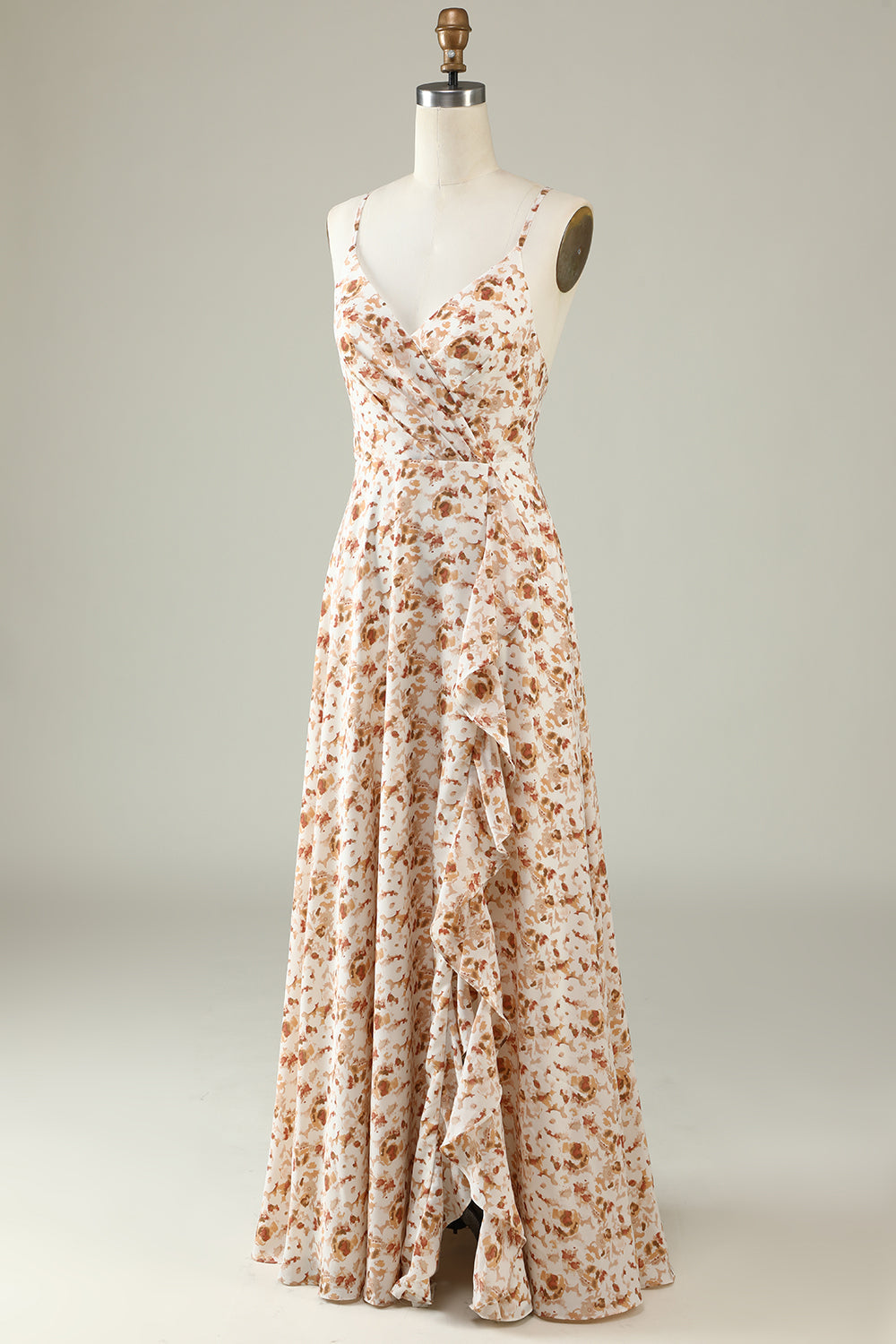 Weißes geblümtes Boho Brautjungfernkleid mit Rüschen